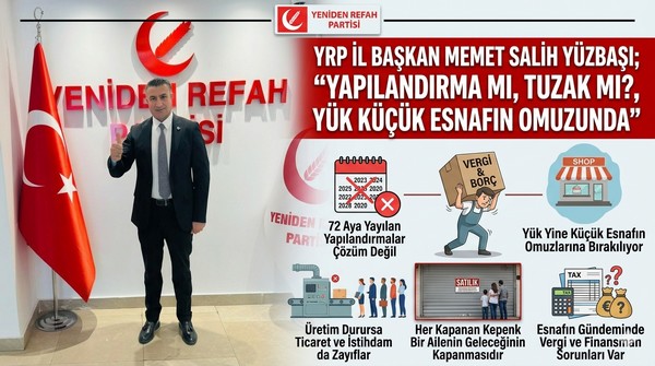 YRP İL BAŞKAN MEMET SALİH YÜZBAŞI ; “YAPILANDIRMA MI, TUZAK MI?, YÜK KÜÇÜK ESNAFIN OMUZUNDA”